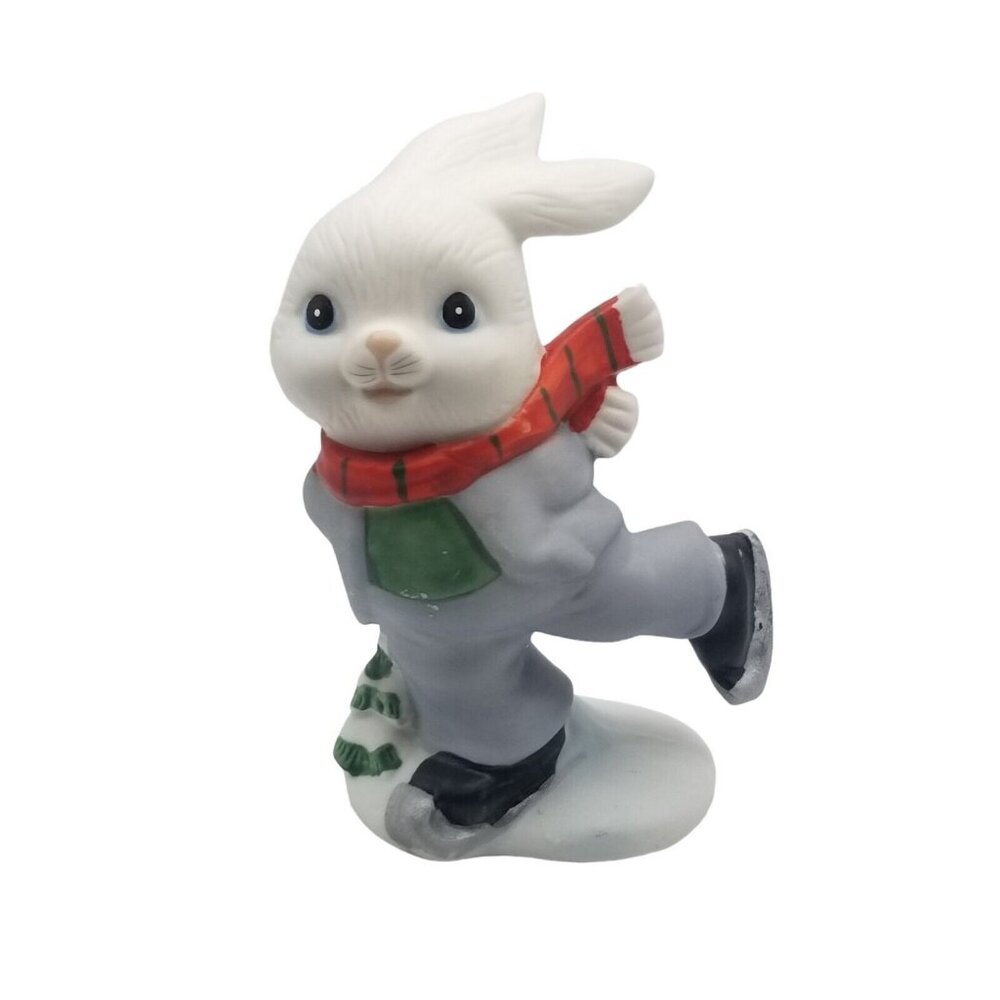 Vintage Homco Boy Bunny Rabbit Figurine 5305 Winter Ice Skating Ceramic 4" 1970s